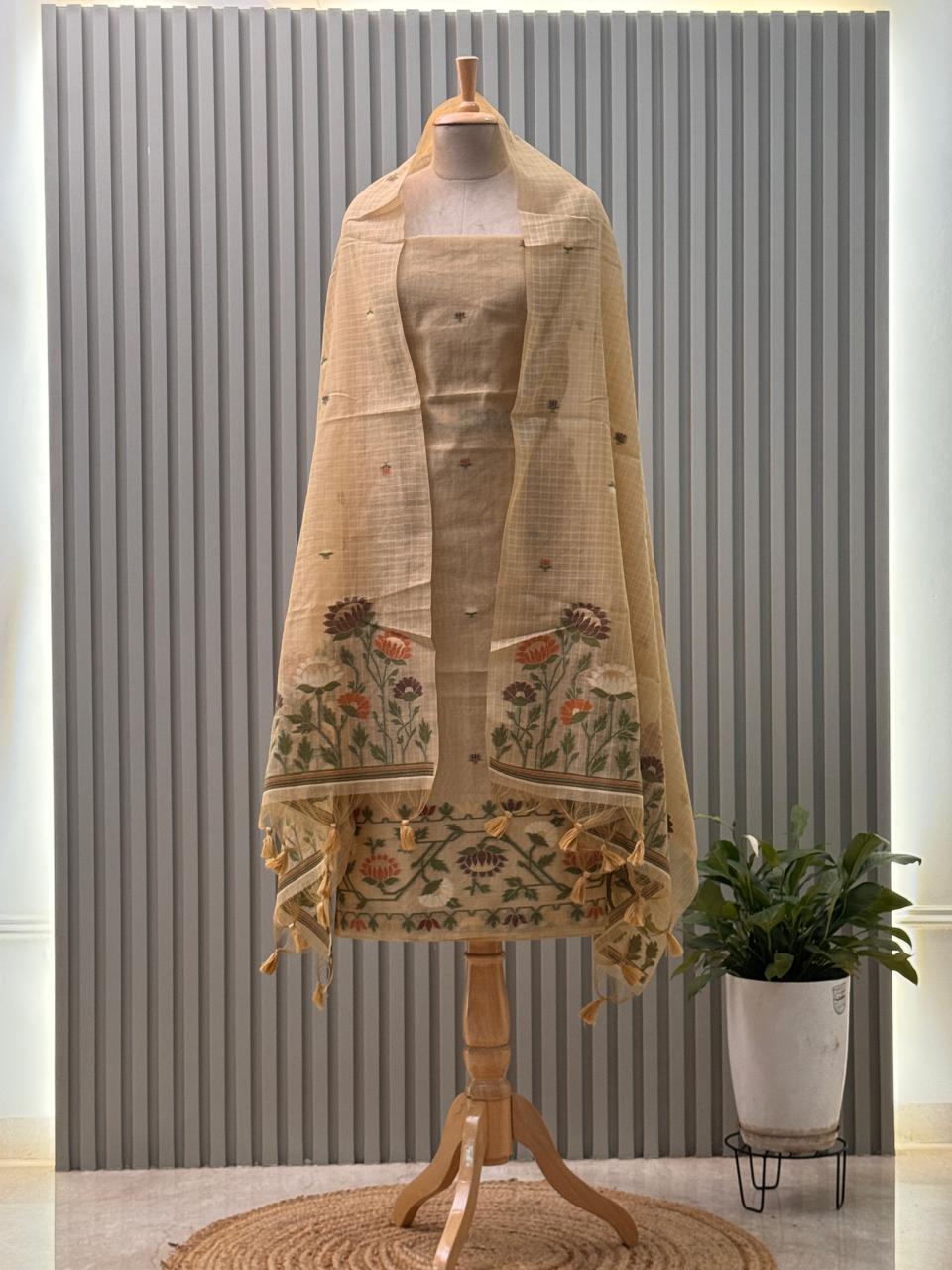 Jamdani Weaved Munga Cotton Fabric 3pc suit with back and sleeves fabric