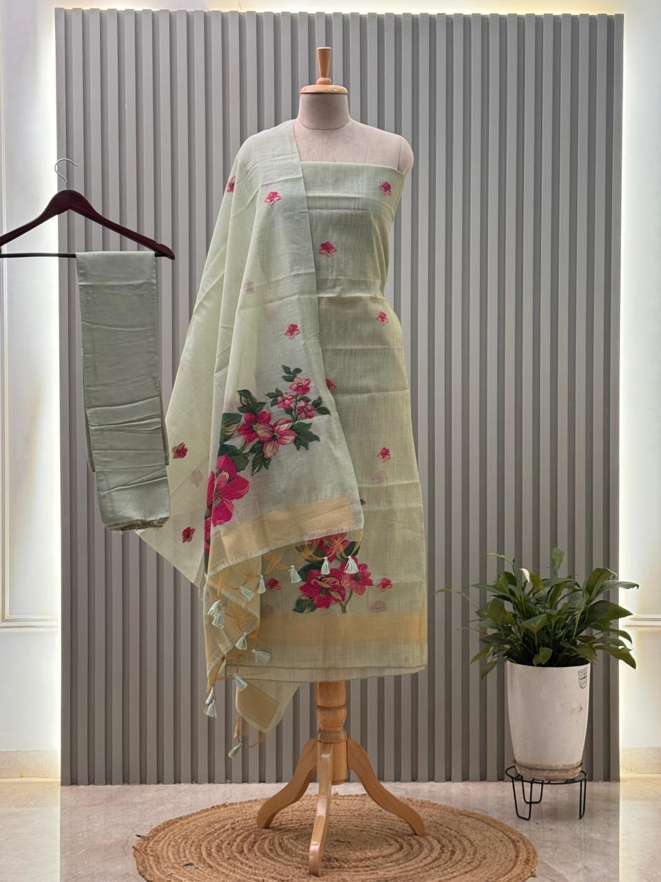 Jamdani Weaving -munga Cotton  3pc suit with back and sleeves fabric