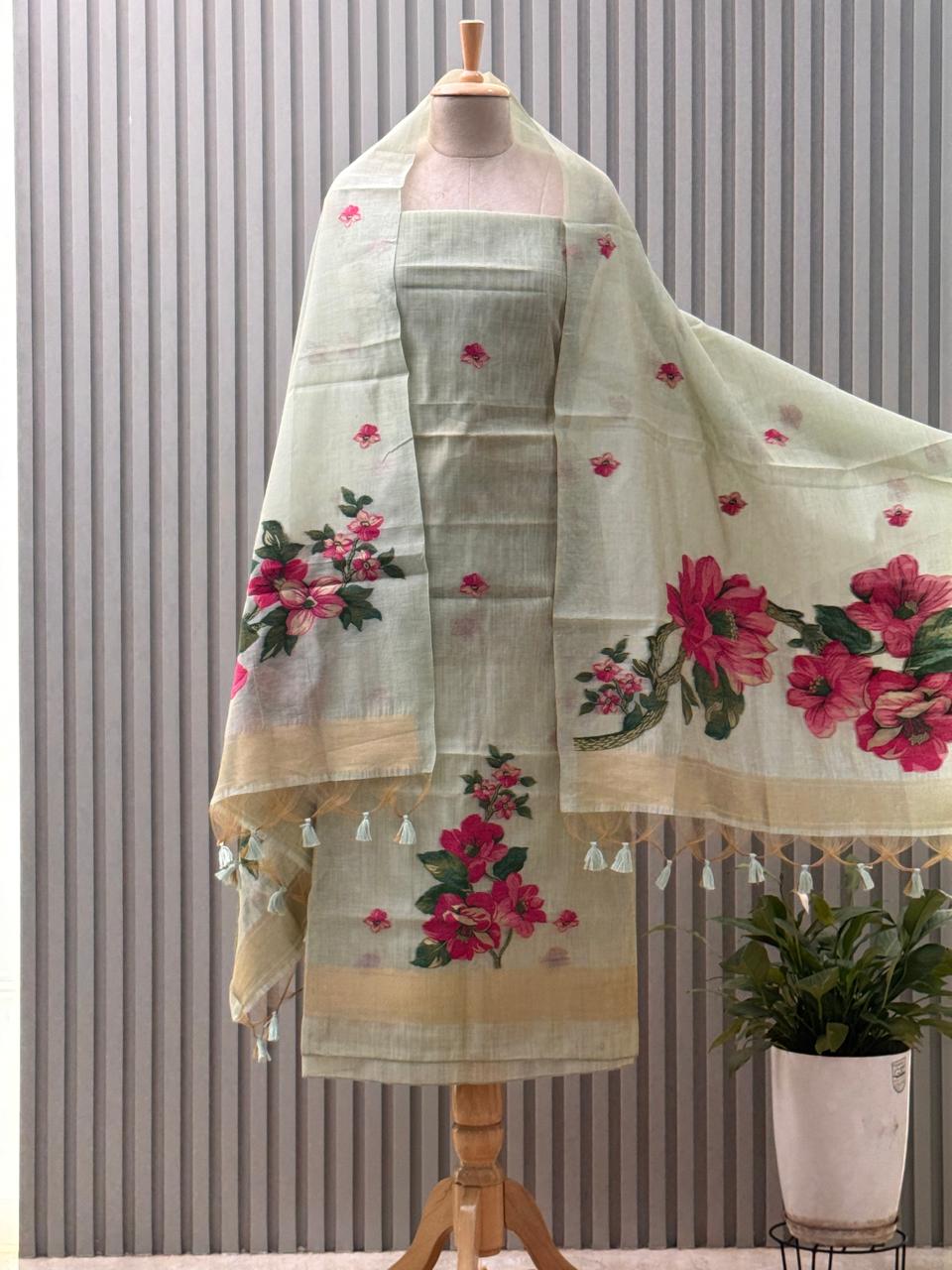 Jamdani Weaving -munga Cotton  3pc suit with back and sleeves fabric