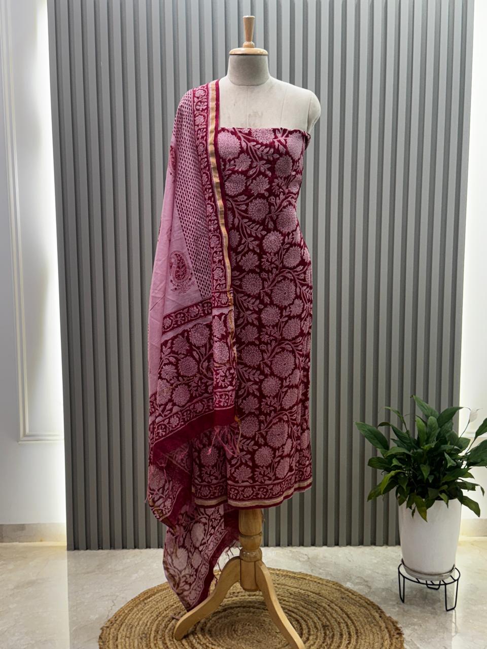 Pure chanderi silk suit with handblock prints