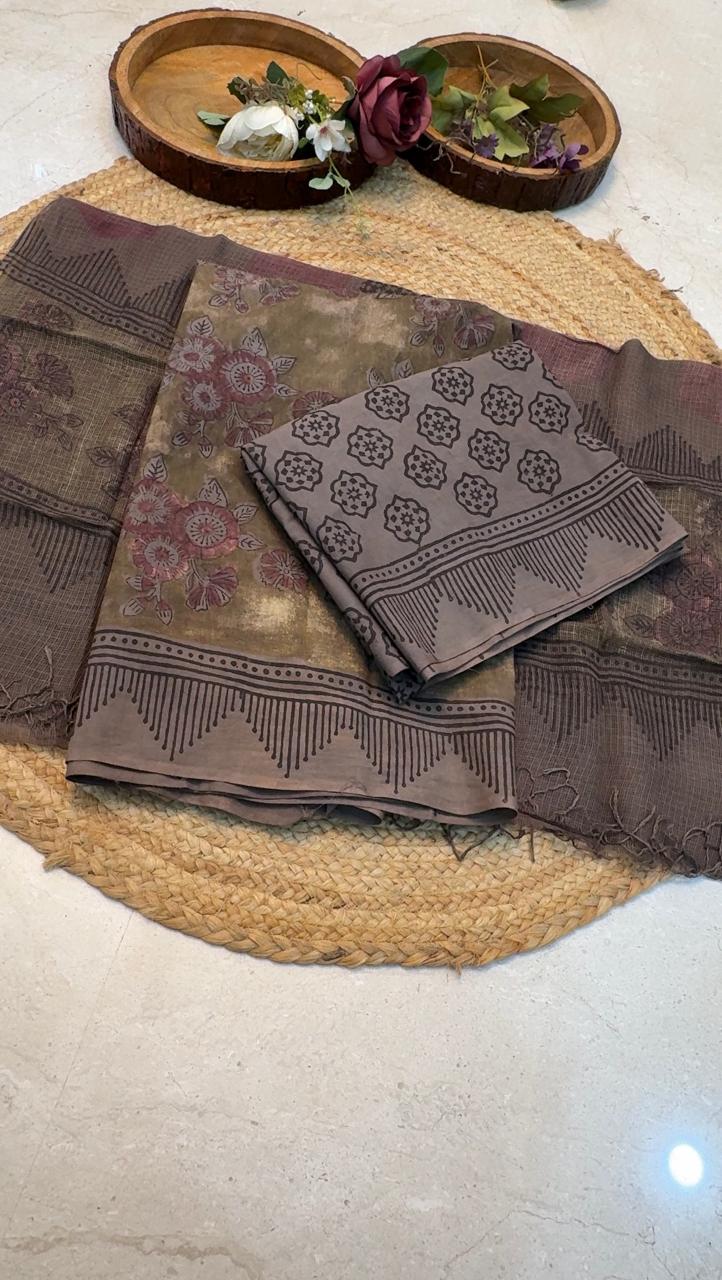 Natural Pomegranate & Vegetable Dyed, Pure Cotton Hand Block Print Suit Set with Kota Doria Dupatta |