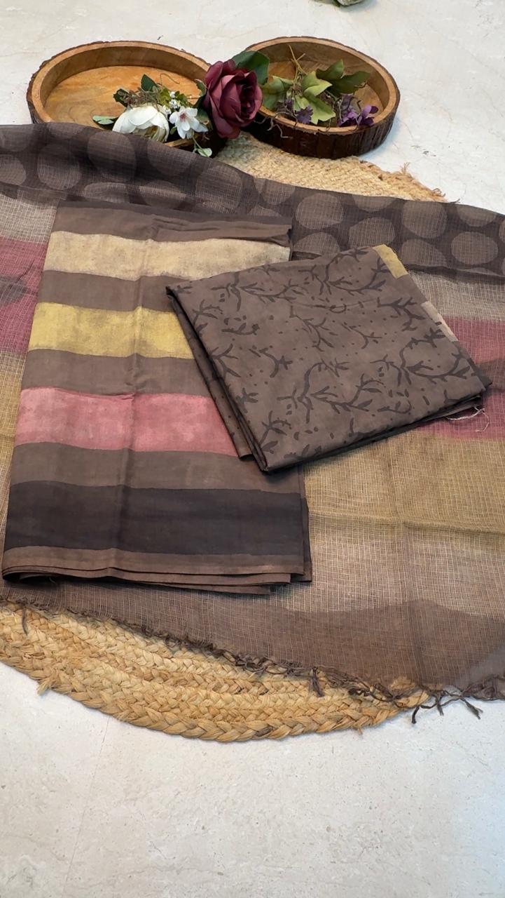 Natural Pomegranate & Vegetable Dyed, Pure Cotton Hand Block Print Suit Set with Kota Doria Dupatta |