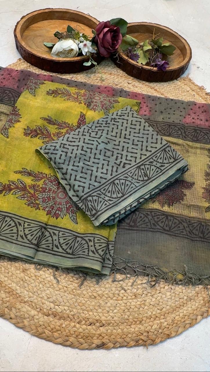 Natural Pomegranate & Vegetable Dyed, Pure Cotton Hand Block Print Suit Set with Kota Doria Dupatta |