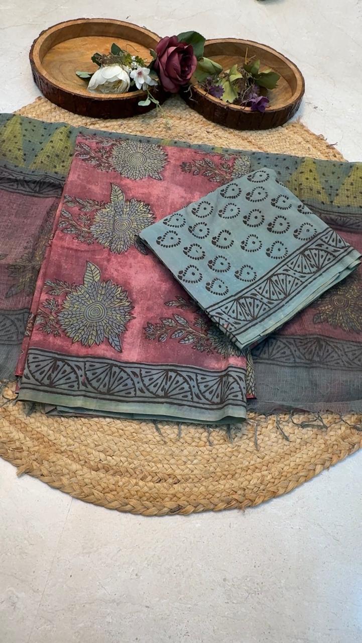 Natural Pomegranate & Vegetable Dyed, Pure Cotton Hand Block Print Suit Set with Kota Doria Dupatta |