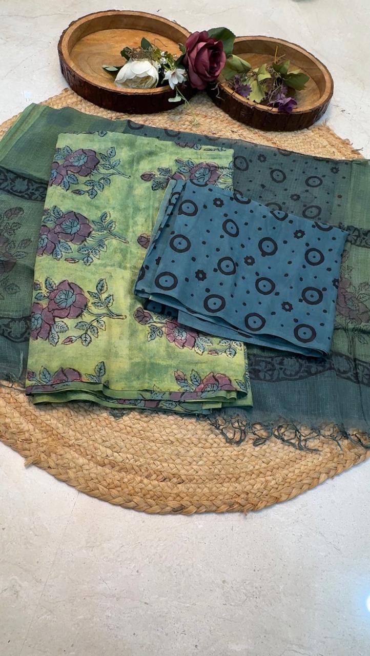 Natural Pomegranate & Vegetable Dyed, Pure Cotton Hand Block Print Suit Set with Kota Doria Dupatta |
