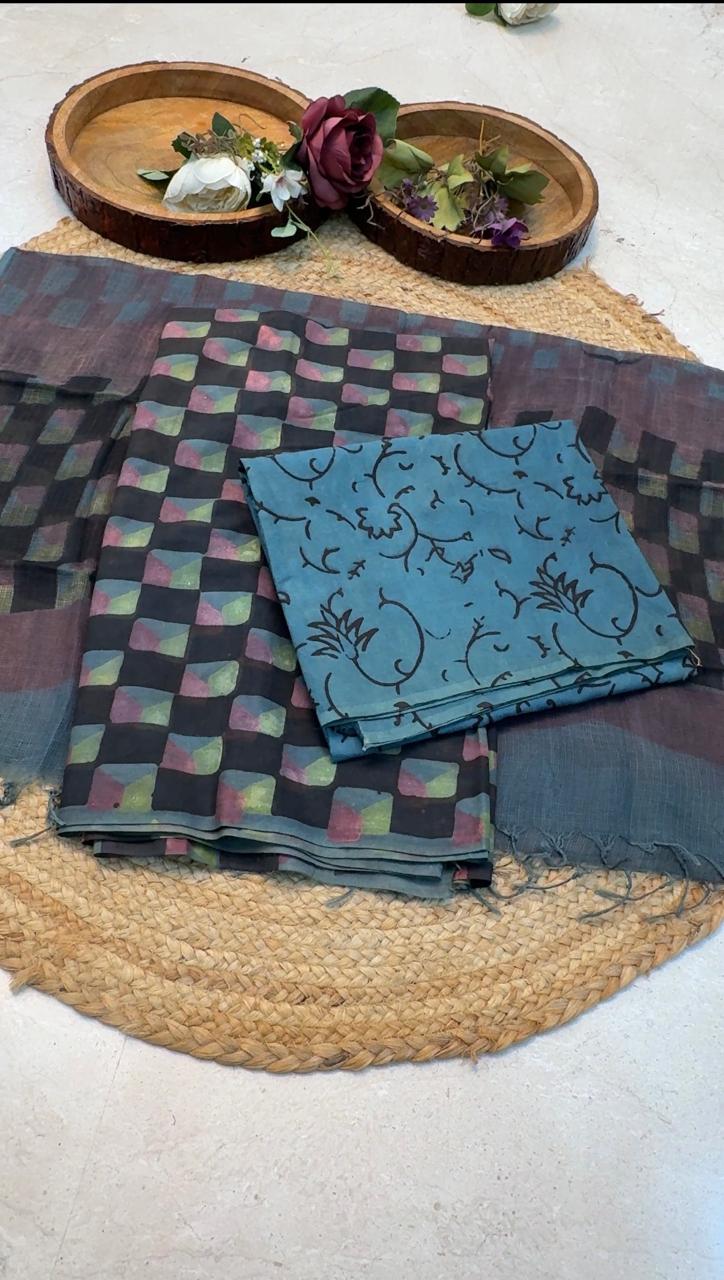 Natural Pomegranate & Vegetable Dyed, Pure Cotton Hand Block Print Suit Set with Kota Doria Dupatta |