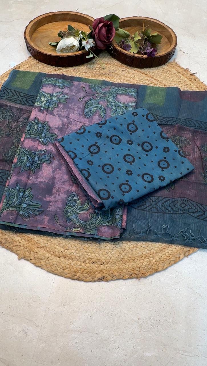 Natural Pomegranate & Vegetable Dyed, Pure Cotton Hand Block Print Suit Set with Kota Doria Dupatta |