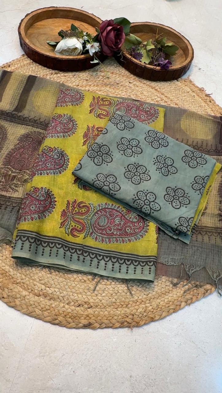 Natural Pomegranate & Vegetable Dyed, Pure Cotton Hand Block Print Suit Set with Kota Doria Dupatta |