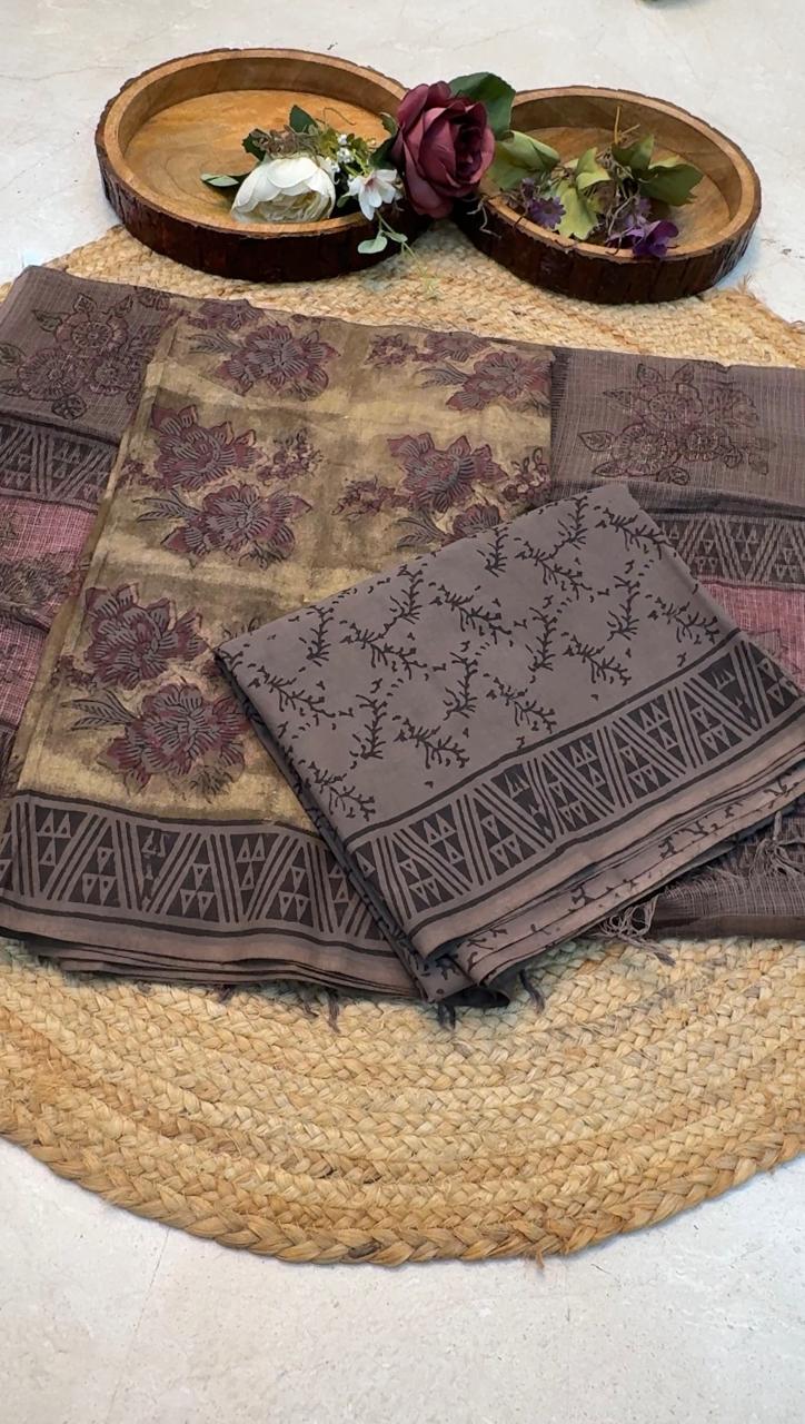 Natural Pomegranate & Vegetable Dyed, Pure Cotton Hand Block Print Suit Set with Kota Doria Dupatta |