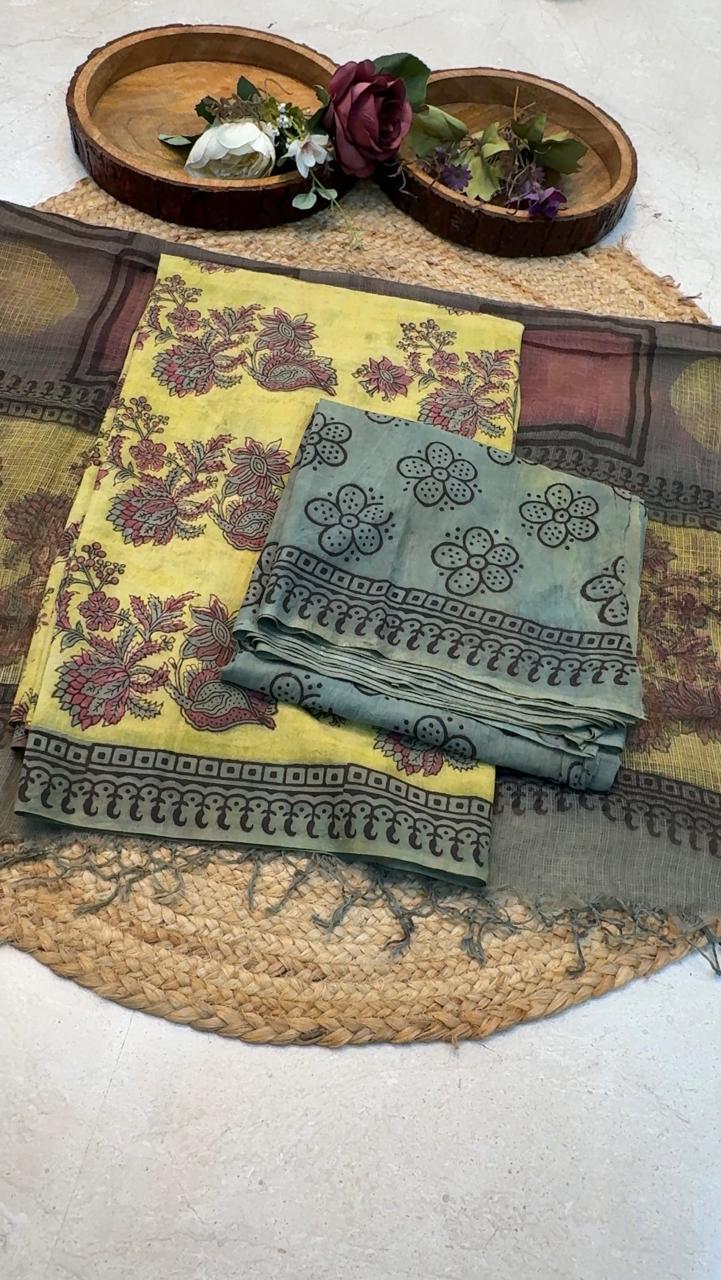 Natural Pomegranate & Vegetable Dyed, Pure Cotton Hand Block Print Suit Set with Kota Doria Dupatta |