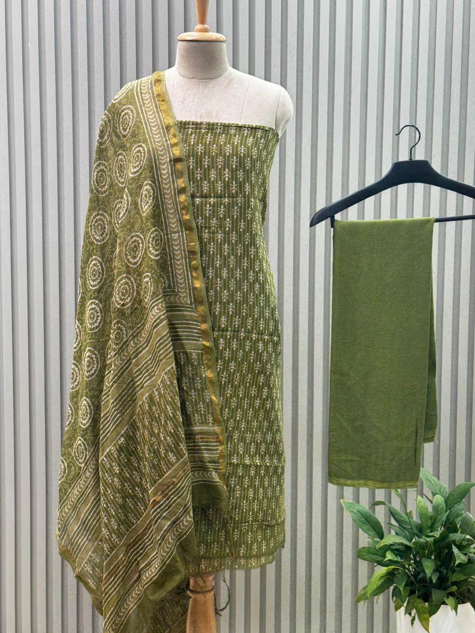 Pure chanderi silk suit with handblock prints