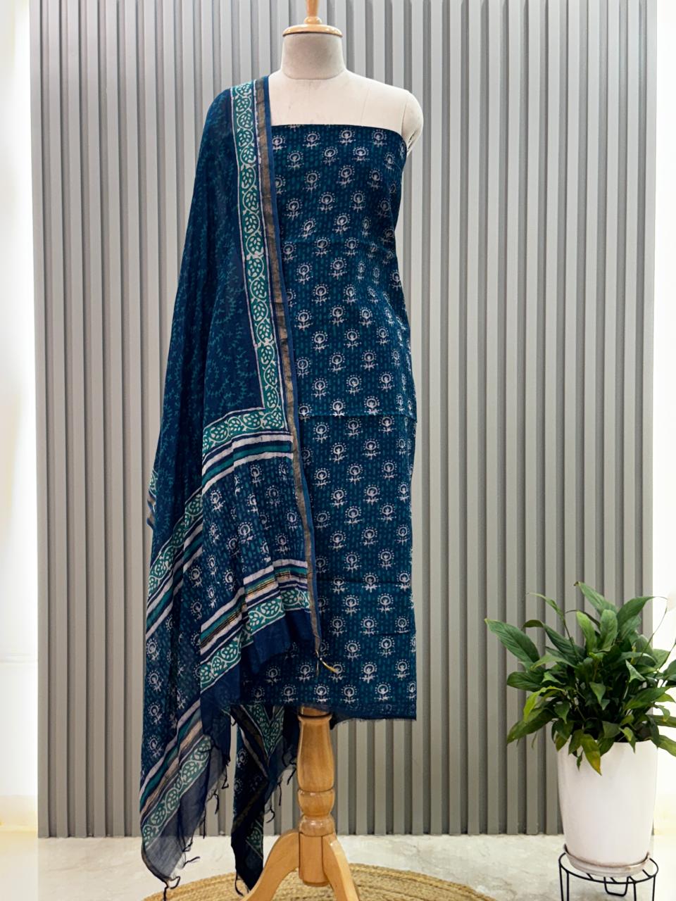 Pure chanderi silk suit with handblock prints