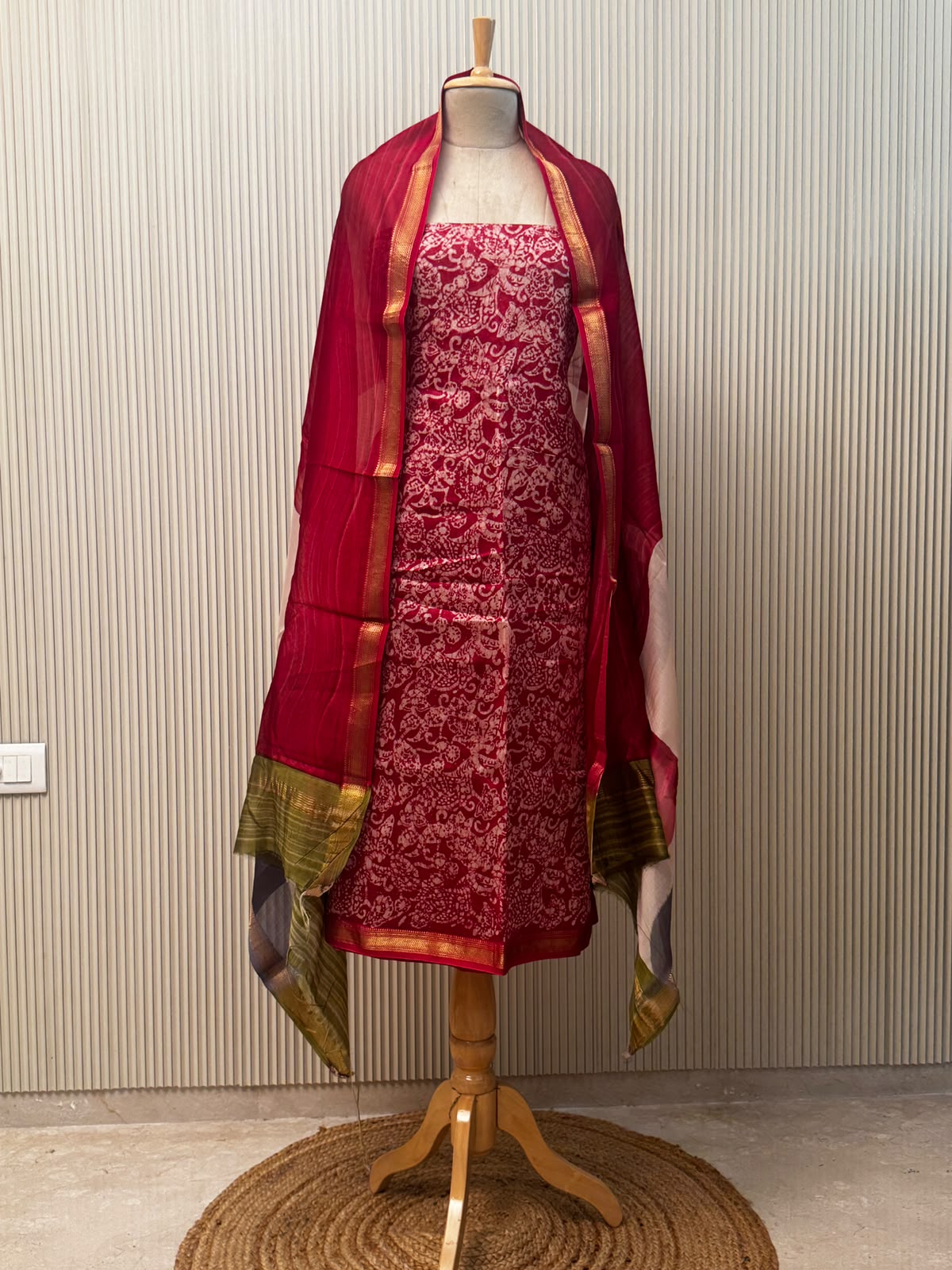 Maheshwari silk suit with handblock prints