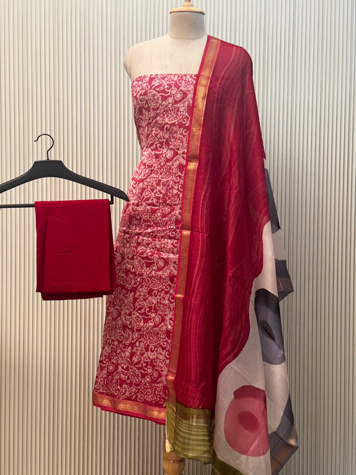 Maheshwari silk suit with handblock prints